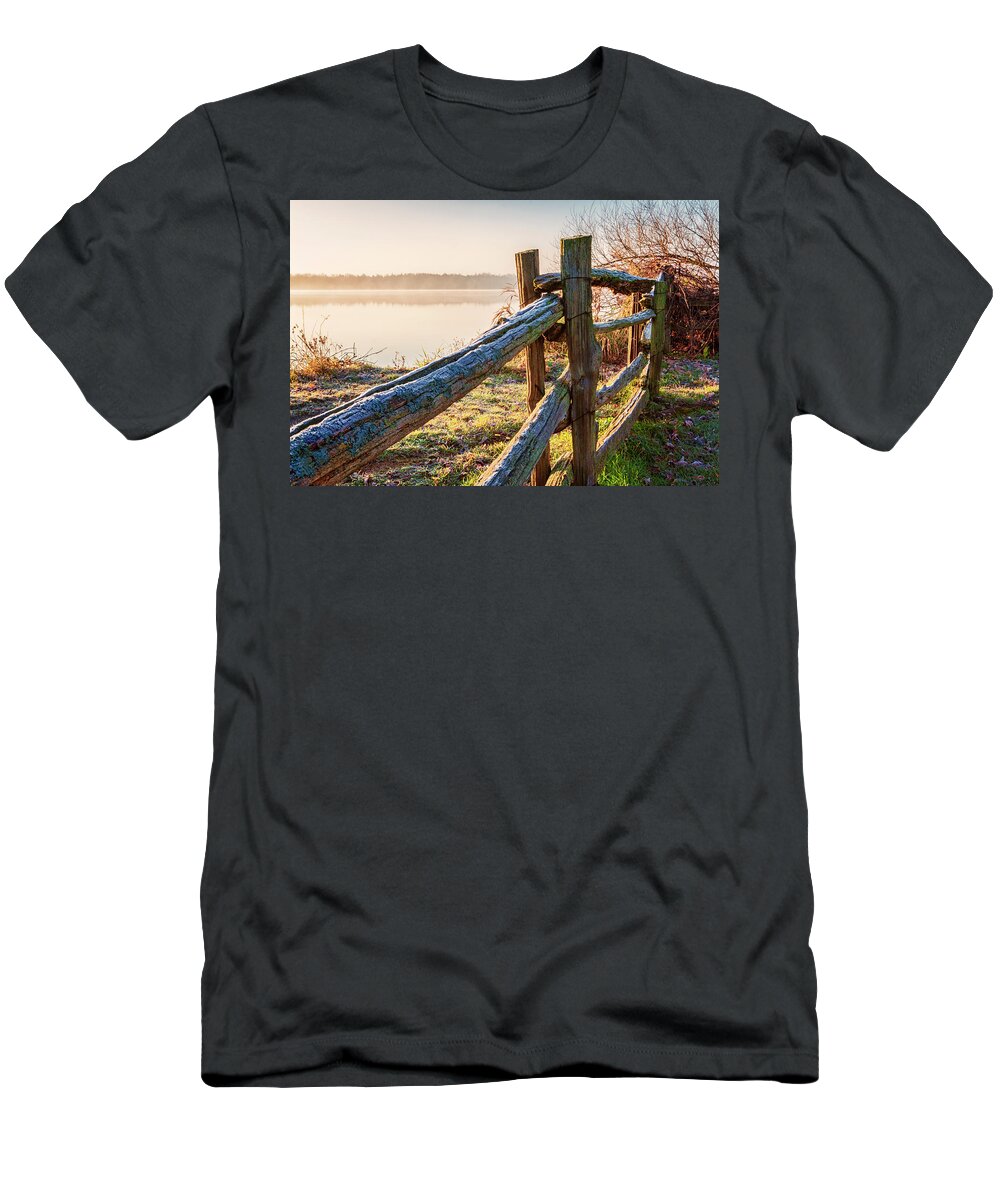 Fence T-Shirt featuring the photograph October morning frost in Ontario by Tatiana Travelways