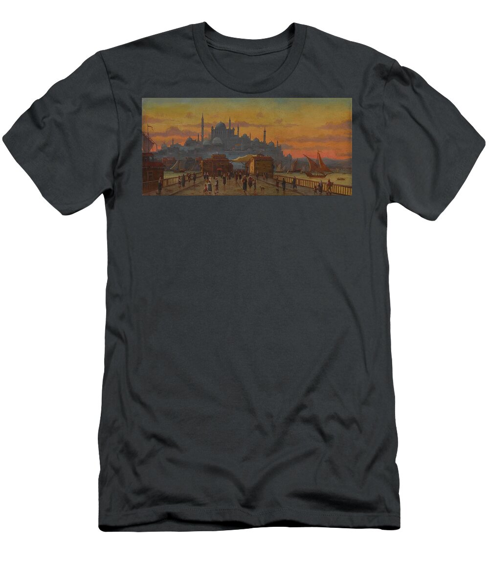 Odoardo Toscani Rome 1859 - 1914 Smyrna T-Shirt featuring the painting Odoardo Toscani Rome 1859 - 1914 Smyrna, Turkey , Constantinople, a view of the Galata Bridge at sun by Artistic Rifki