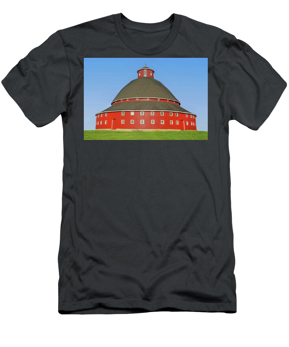 Ohio Red Round Barn In Summer T-Shirt featuring the mixed media Ohio Red Round Barn In Summer by Dan Sproul