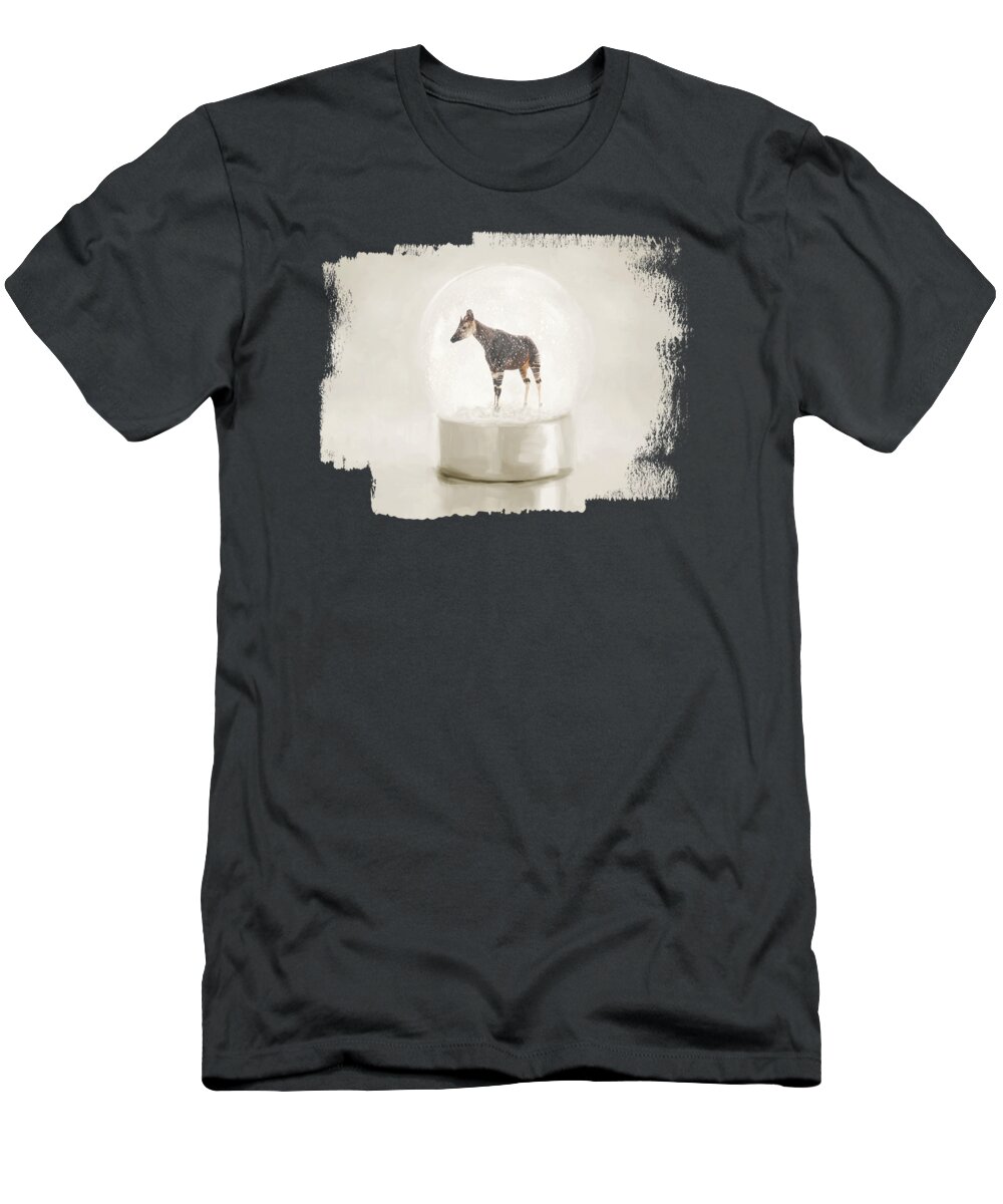 Snow Globe T-Shirt featuring the mixed media Okapi in a Snowglobe by Elisabeth Lucas