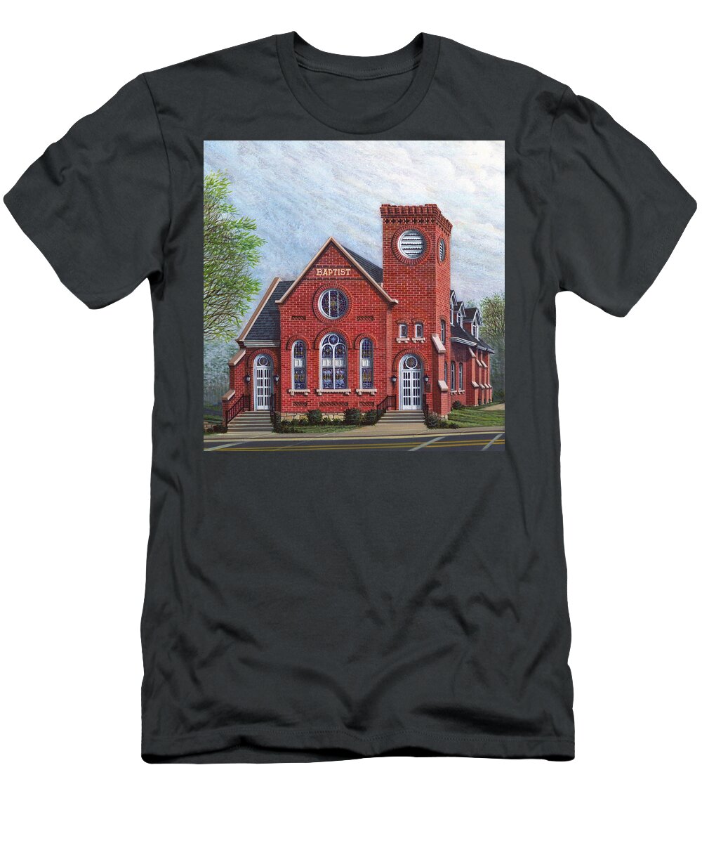 Architectural Landscape T-Shirt featuring the painting Old 1895 Sanctuary First Baptist Church by George Lightfoot
