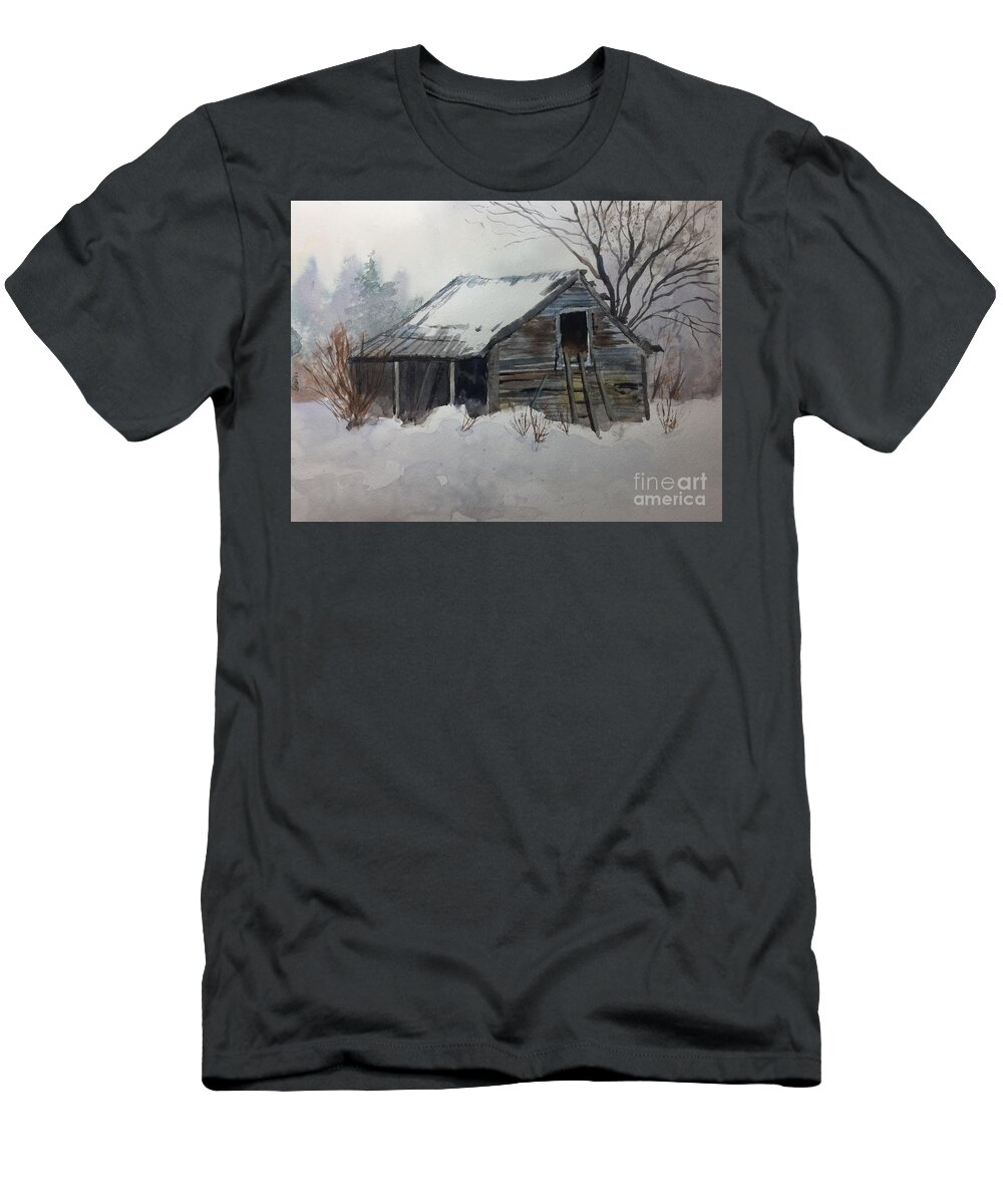 Old Barn In Winter T-Shirt featuring the painting Old Barn in Winter by Watercolor Meditations