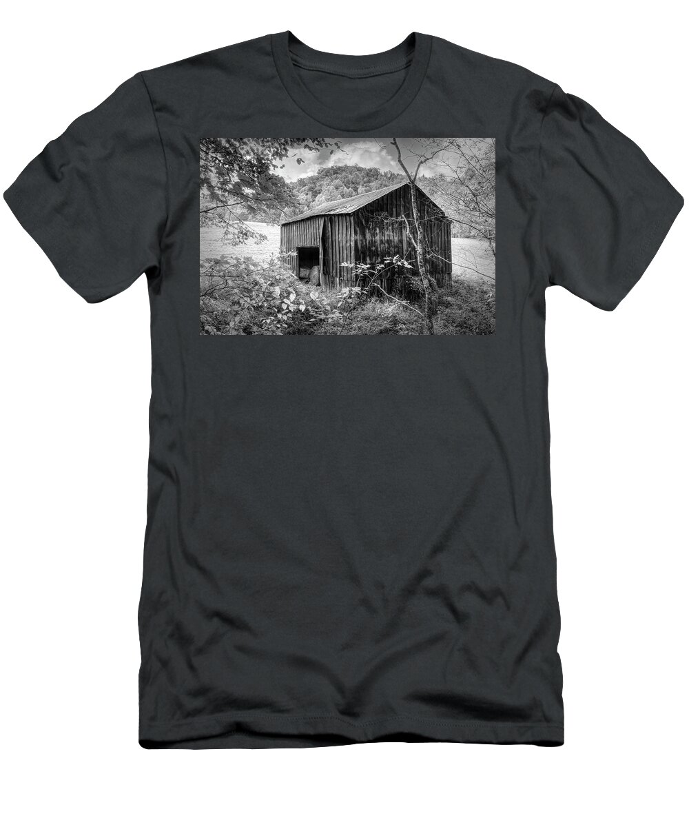 Barns T-Shirt featuring the photograph Old Barn Pastures Creeper Trail in Autumn Fall Black and White D by Debra and Dave Vanderlaan