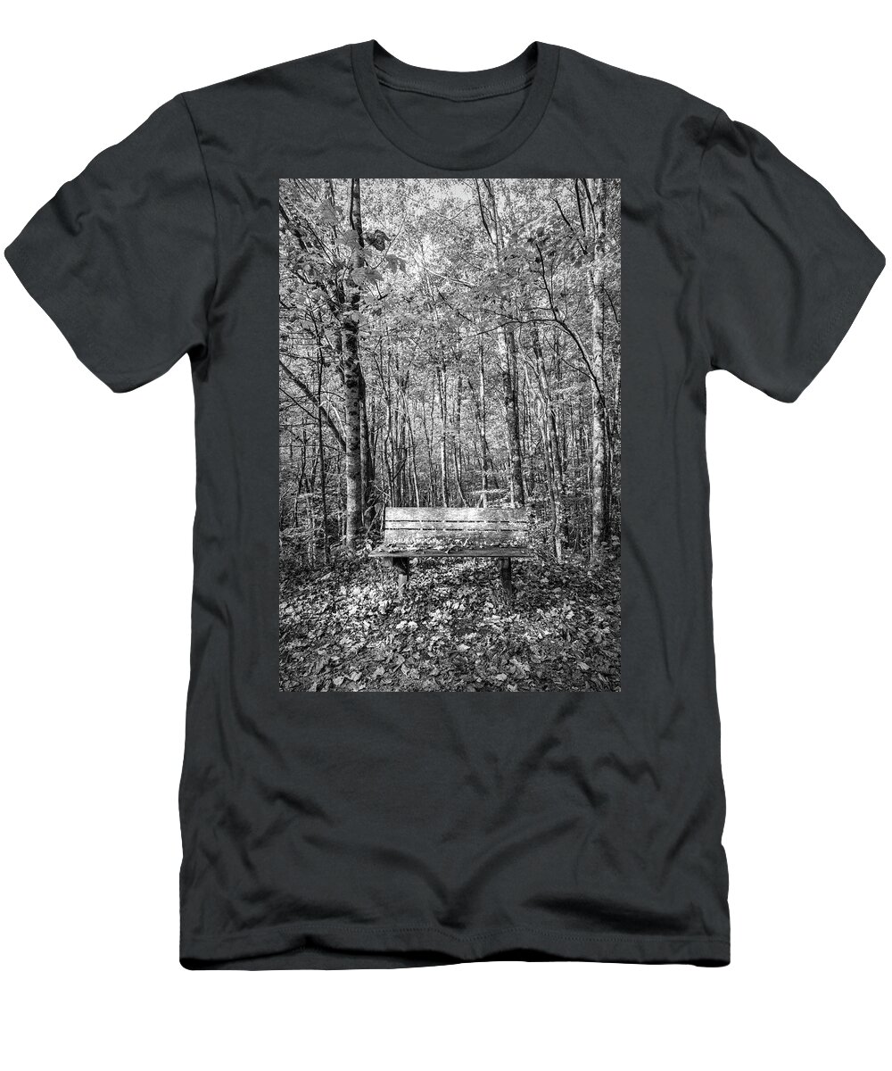 Fall T-Shirt featuring the photograph Old Bench in the Fallen Leaves Creeper Trail in Autumn Fall Blac by Debra and Dave Vanderlaan
