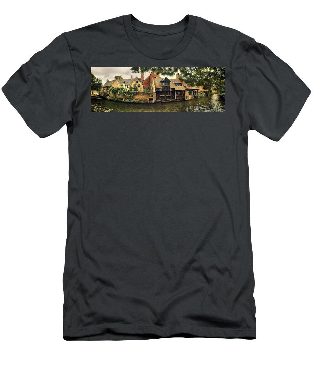 #belgium #bruges #galagan #edwardgalagan #edgalagan #brugge #river #canal #street #sunset #fotografie #nederland #netherlands #holland #dutch #heritage #town #city #artphotography #retro #house #roof #instagram T-Shirt featuring the photograph OLD BRUGES. Bonifacius Bridge by Edward Galagan