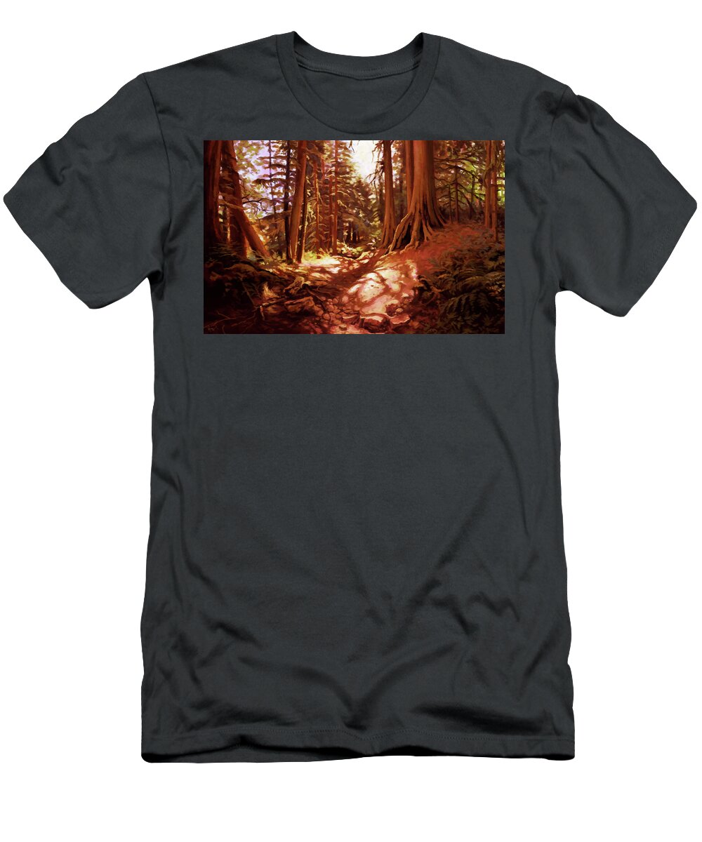 Forest T-Shirt featuring the painting Old growth forest by Hans Neuhart