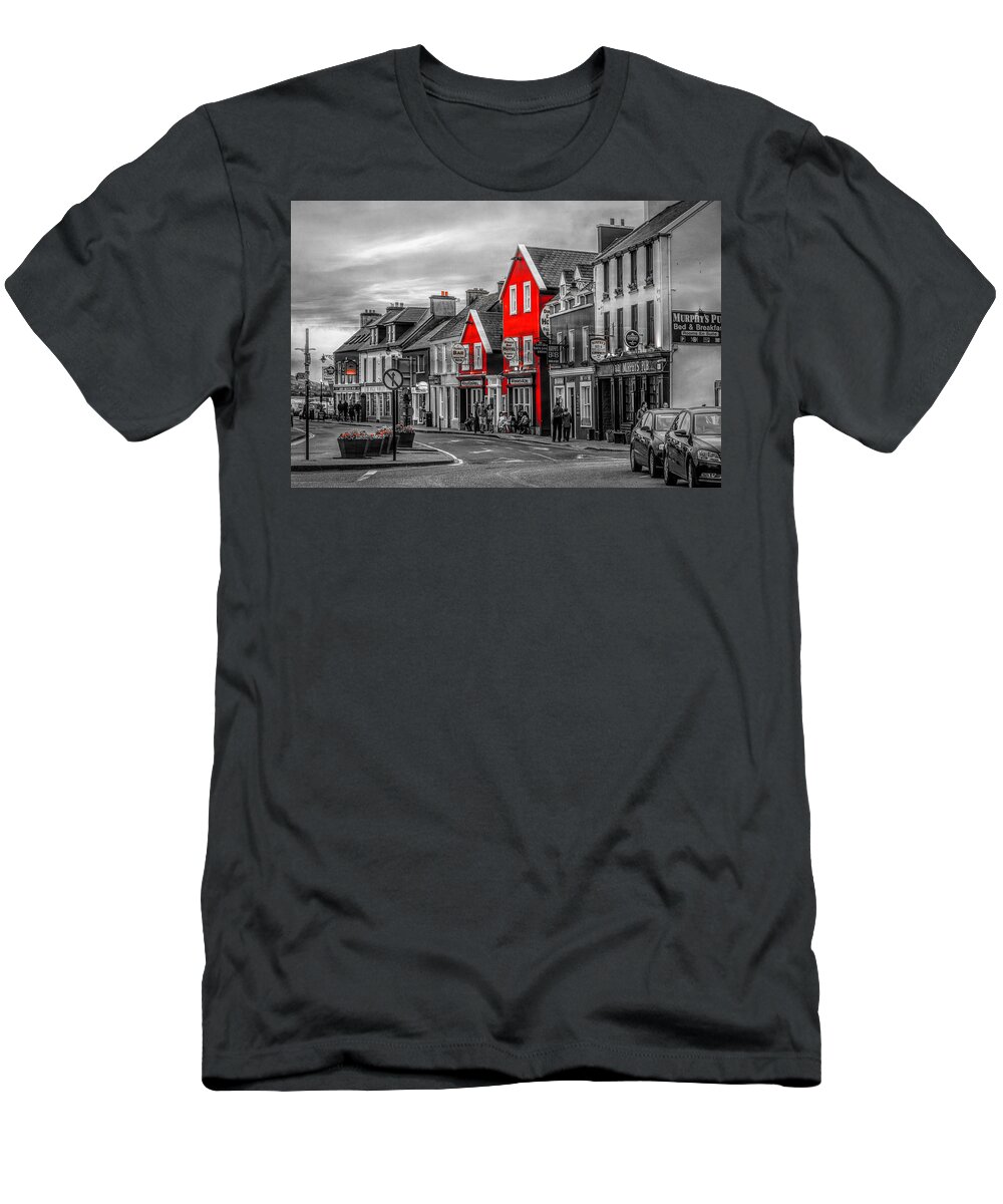 Barns T-Shirt featuring the photograph Old Irish Downtown The Dingle Peninsula Black White and Red by Debra and Dave Vanderlaan