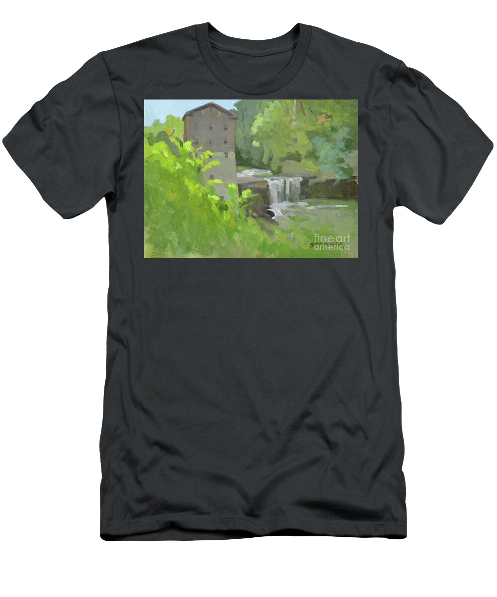 Mill Creek Park T-Shirt featuring the painting Old Lanternman's Mill, Mill Creek Park, Youngstown, Ohio, by Paul Strahm