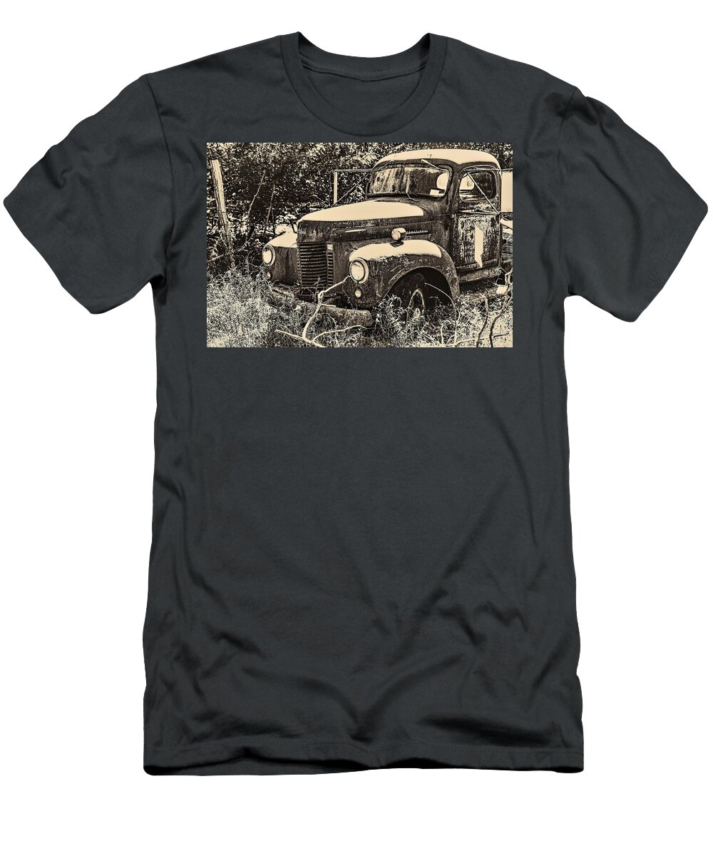 Old Truck Vehicle B&w.sepia T-Shirt featuring the photograph Old Truck by John Linnemeyer