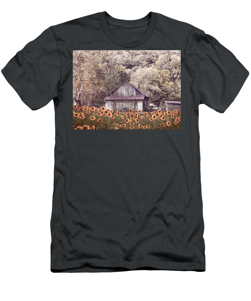 Sunflower T-Shirt featuring the photograph Old Wood Barn in Soft Sunflowers by Debra and Dave Vanderlaan
