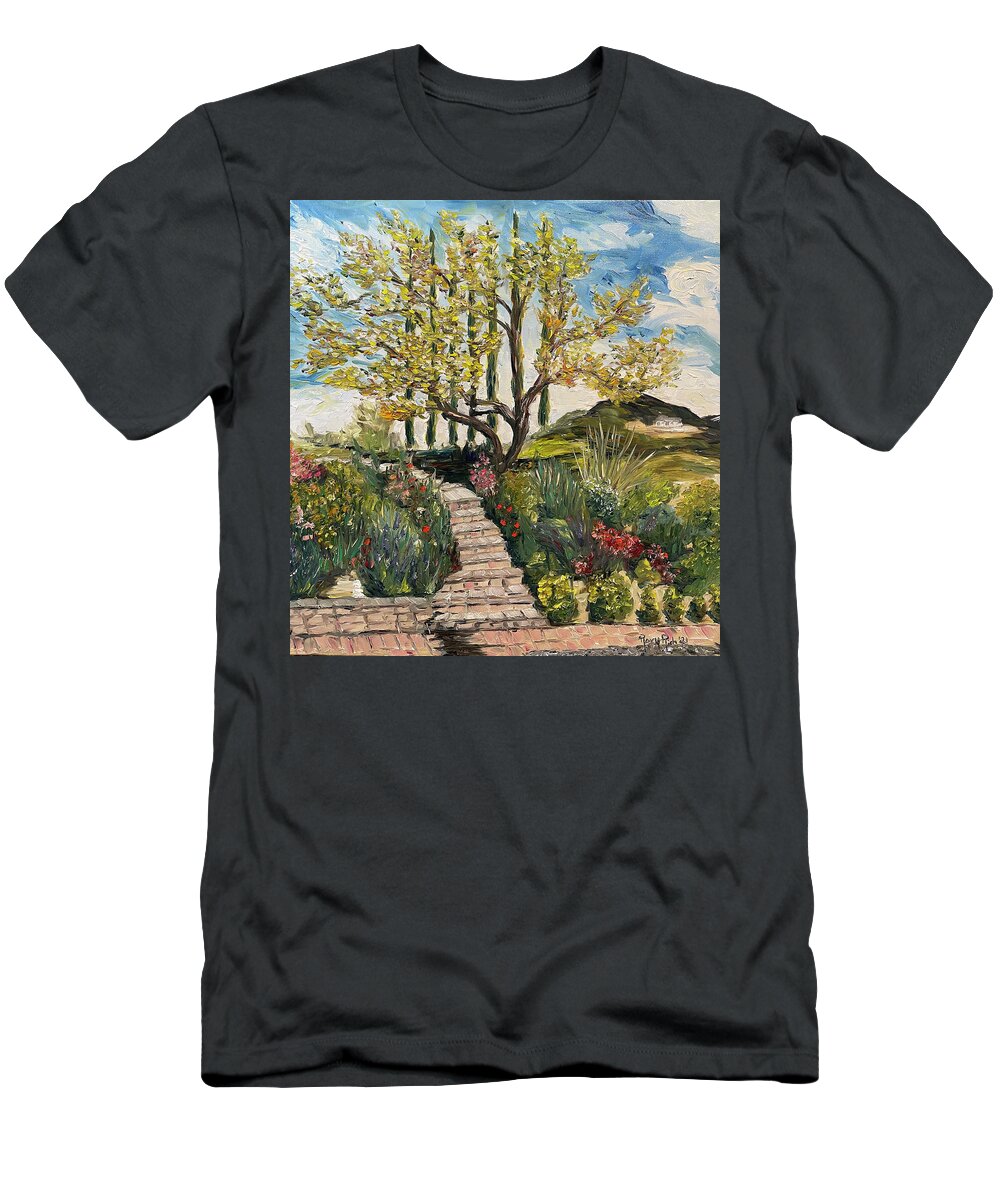 Olive Tree T-Shirt featuring the painting The Olive Tree at Gershon Bachus Vintners by Roxy Rich