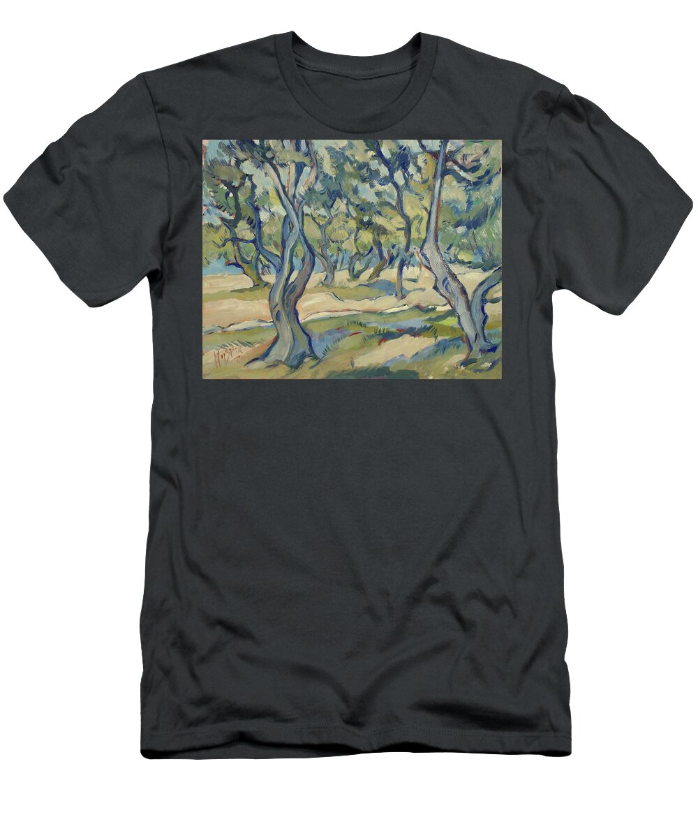 Olive T-Shirt featuring the painting Olive yard Paxos Greece by Nop Briex