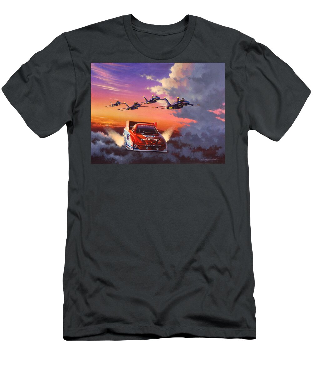 Drag Racing Nhra Top Fuel Funny Car John Force Kenny Youngblood Nitro Champion March Meet Images Image Race Track Fuel Gary Densham Blue Angels Us Air Force. T-Shirt featuring the painting On Angels Wings by Kenny Youngblood