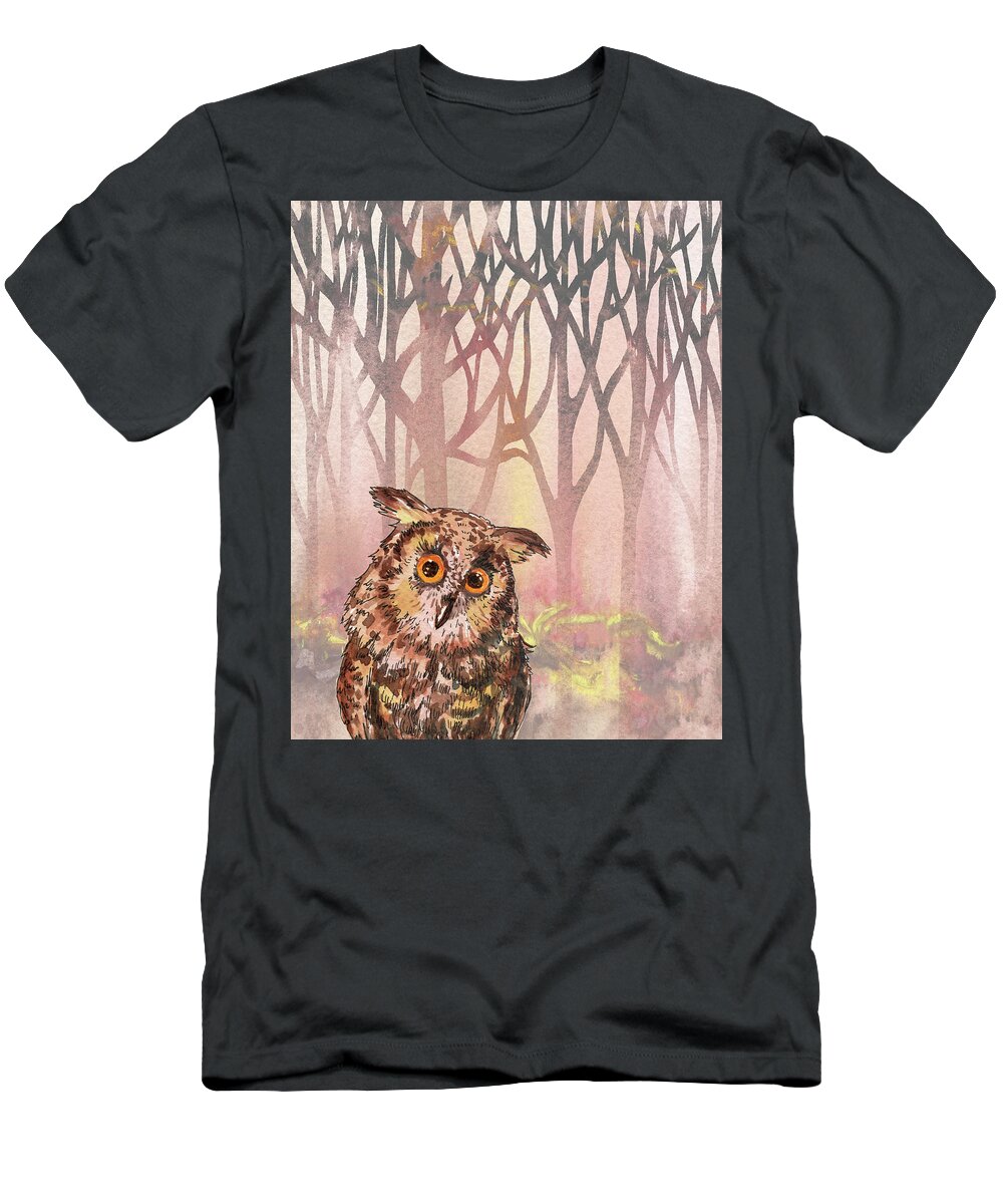 Cute Owl T-Shirt featuring the painting On Forest Watch Cute Baby Owl Watercolor by Irina Sztukowski