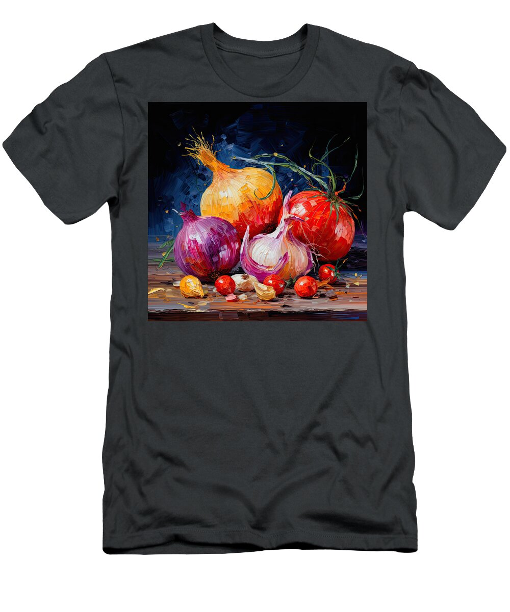 Onion T-Shirt featuring the painting Onions Garlic and Cherry Tomatoes Art by Lourry Legarde