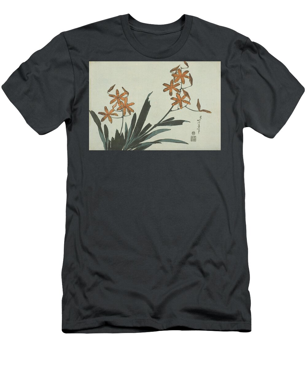 19th Century Art T-Shirt featuring the relief Orange Orchids, from an untitled series of flowers by Katsushika Hokusai