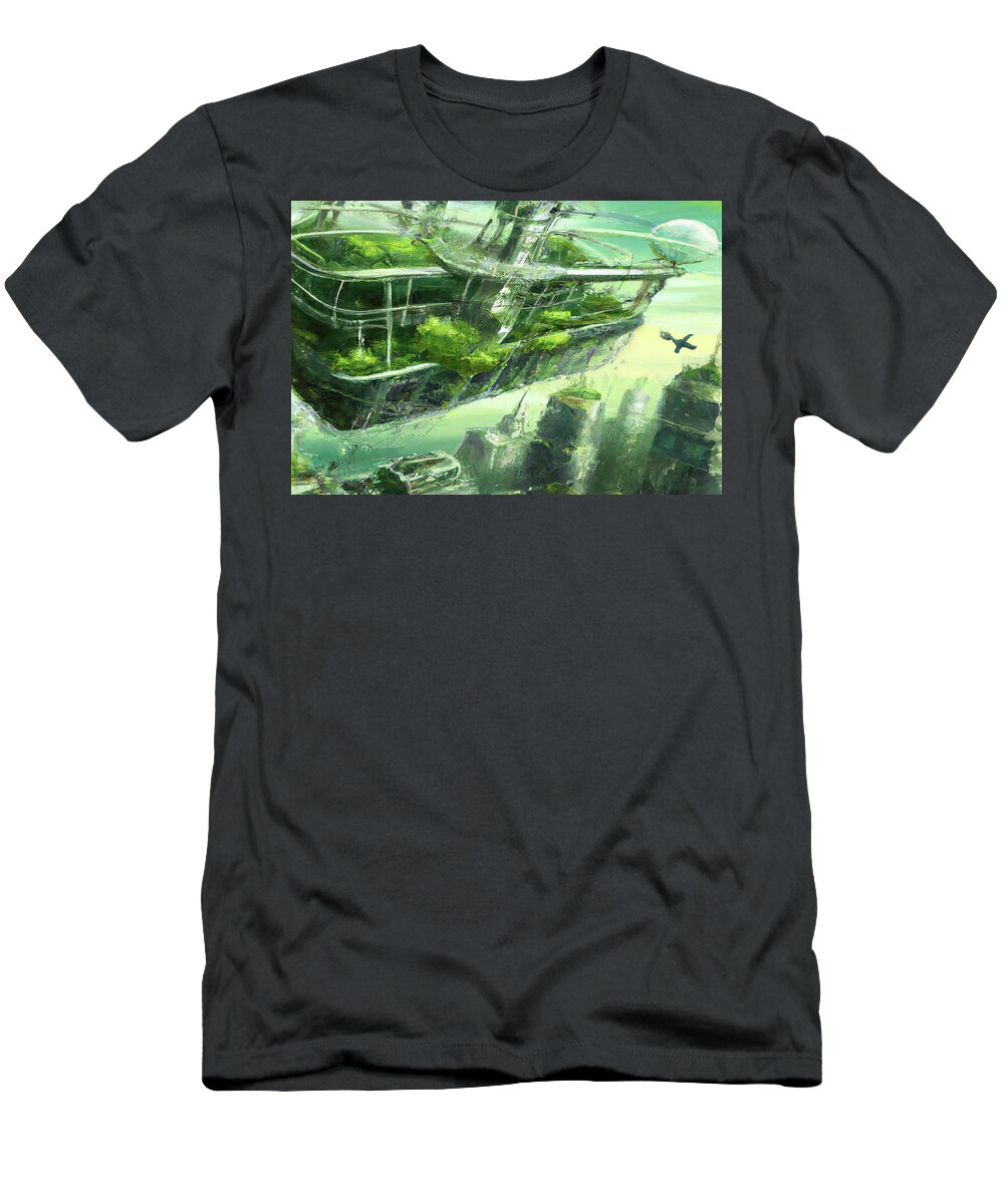 Space City T-Shirt featuring the digital art Organic Green Futuristic City by Cathy Anderson