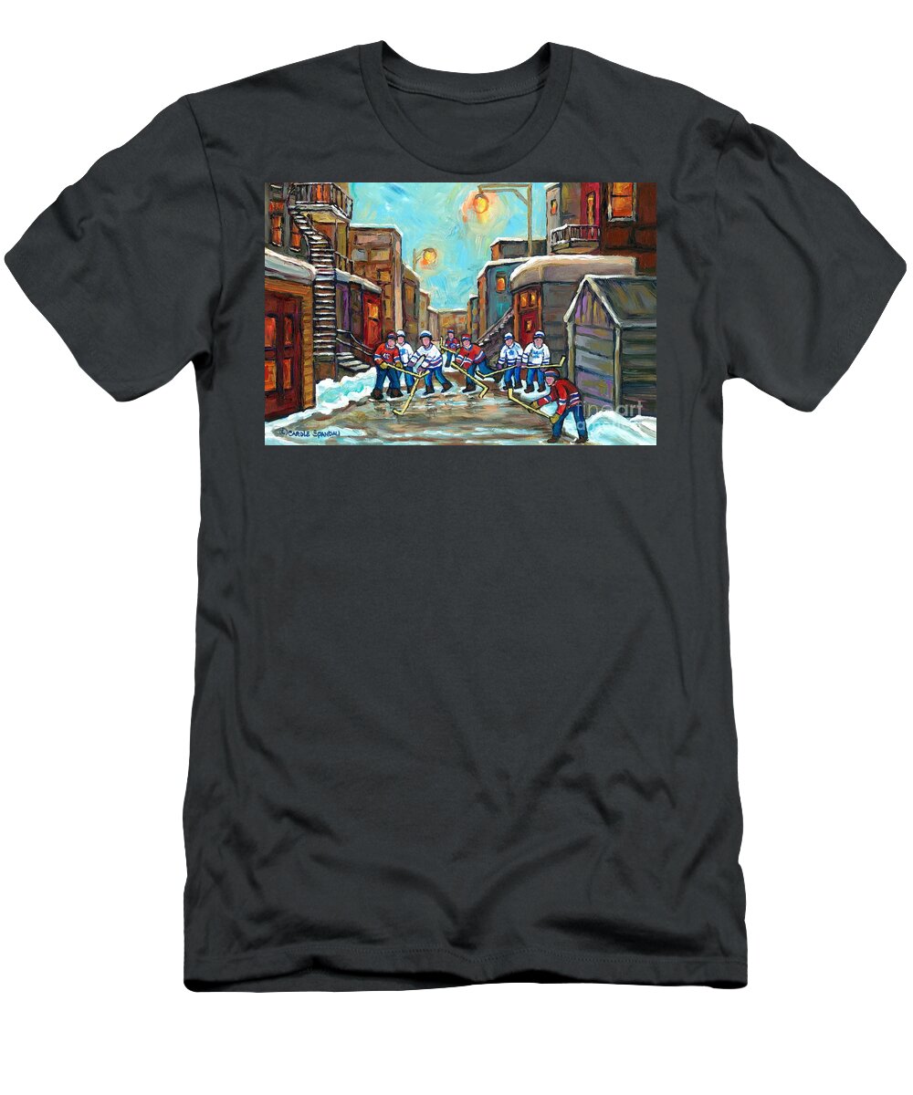 Montreal T-Shirt featuring the painting Outremont Back Lanes Hockey Park Ex To Rosemont To Verdun Kids Winter Fun Montreal Artist C Spandau by Carole Spandau