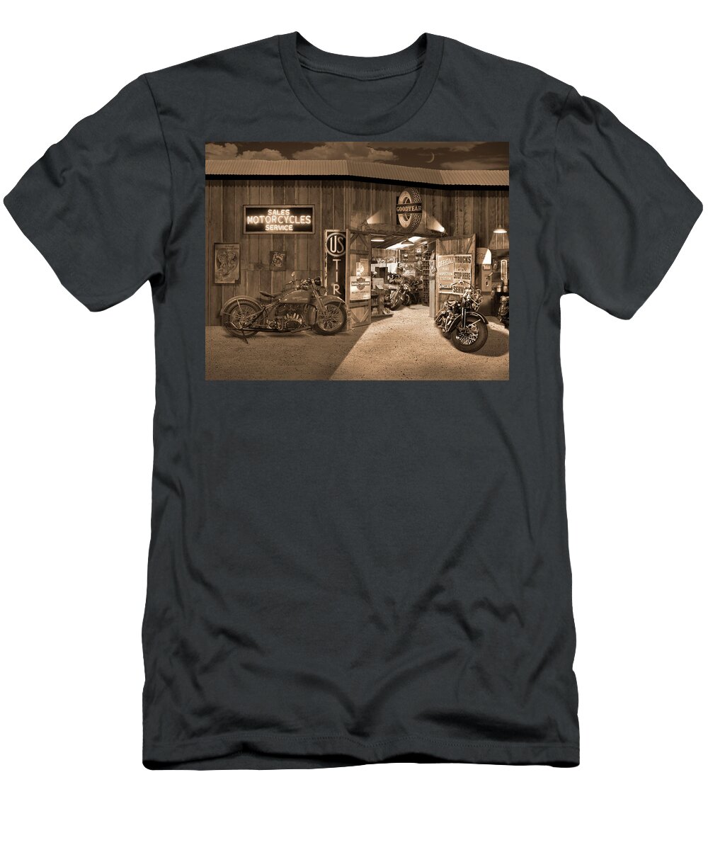 Motorcycle T-Shirt featuring the photograph Outside The Old Motorcycle Shop - Spia by Mike McGlothlen