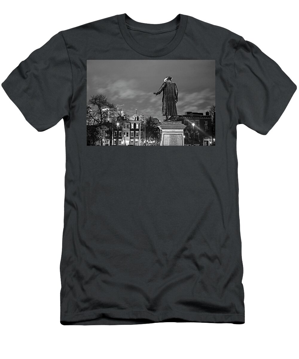 Boston T-Shirt featuring the photograph Overlooking Boston and the Zakim Bridge at the Bunker Hill Monument Charlestown MA Boston MA BW by Toby McGuire
