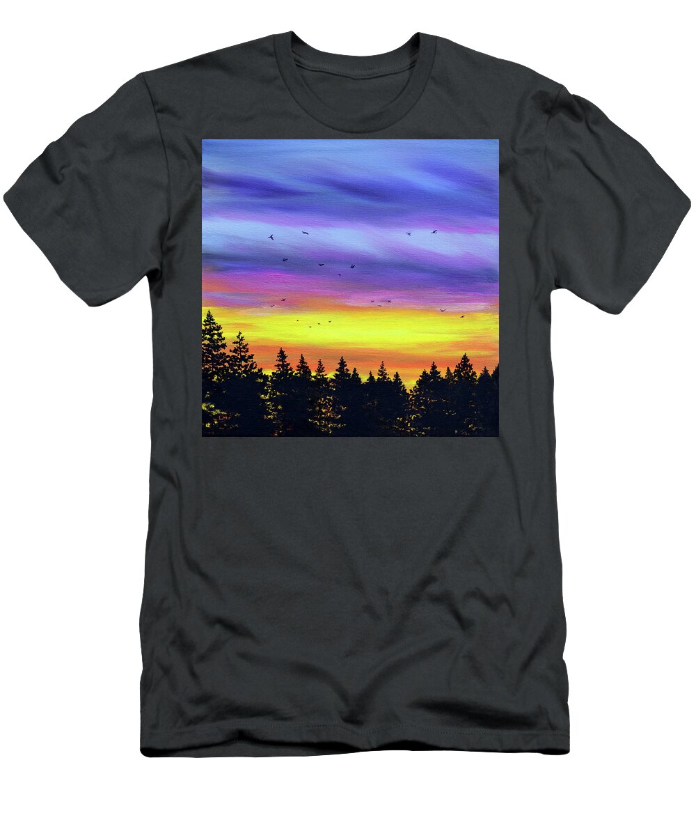 Geese T-Shirt featuring the painting Pacific Northwest Sunset over Pine Trees by Laura Iverson