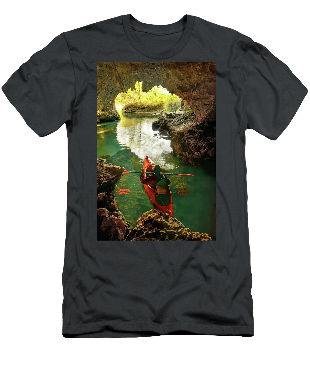 Kayak T-Shirt featuring the photograph paddling in Cave Spring by Robert Charity