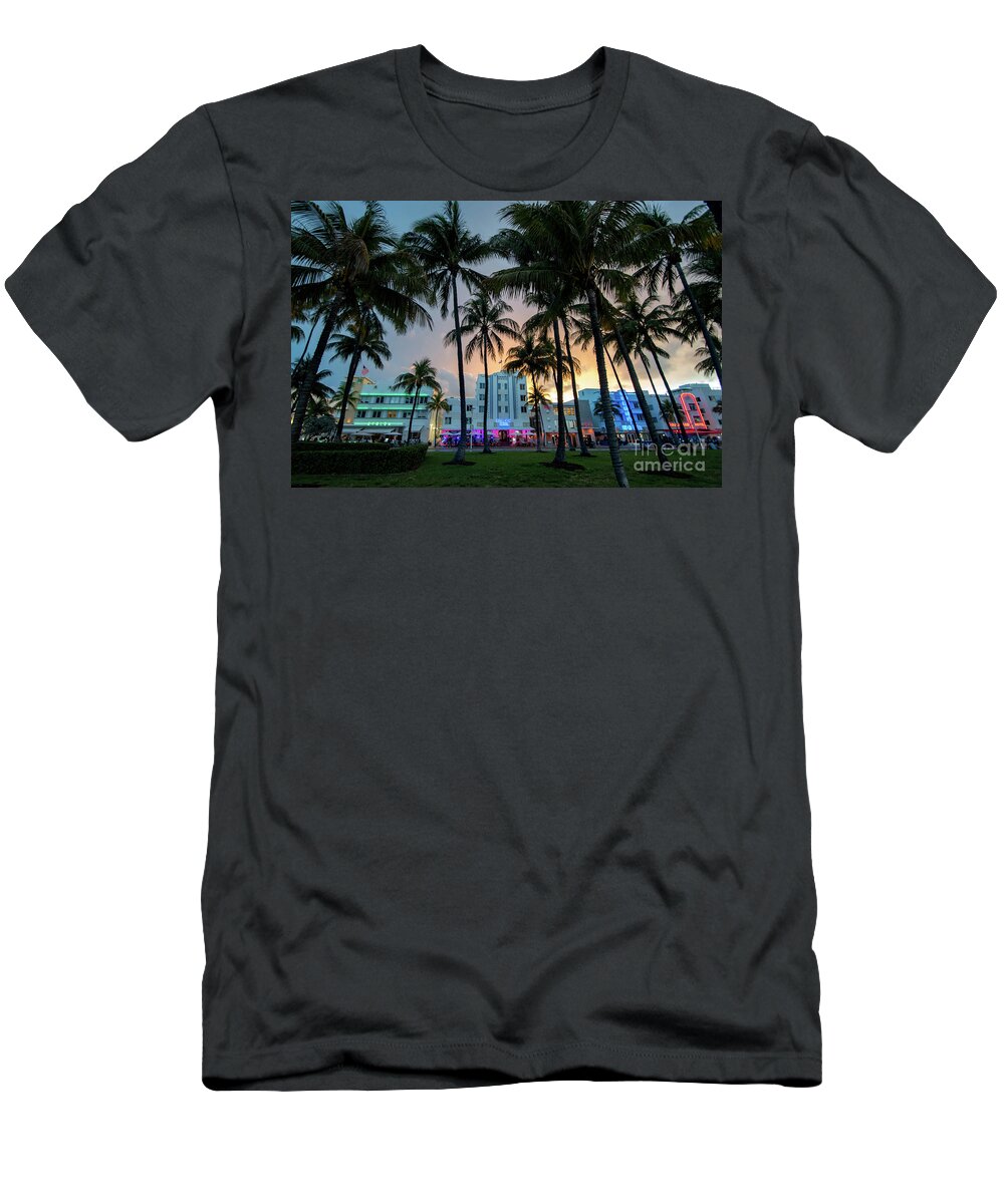 Palm T-Shirt featuring the photograph Palm Trees on Ocean Drive South Beach Miami at Night by Beachtown Views