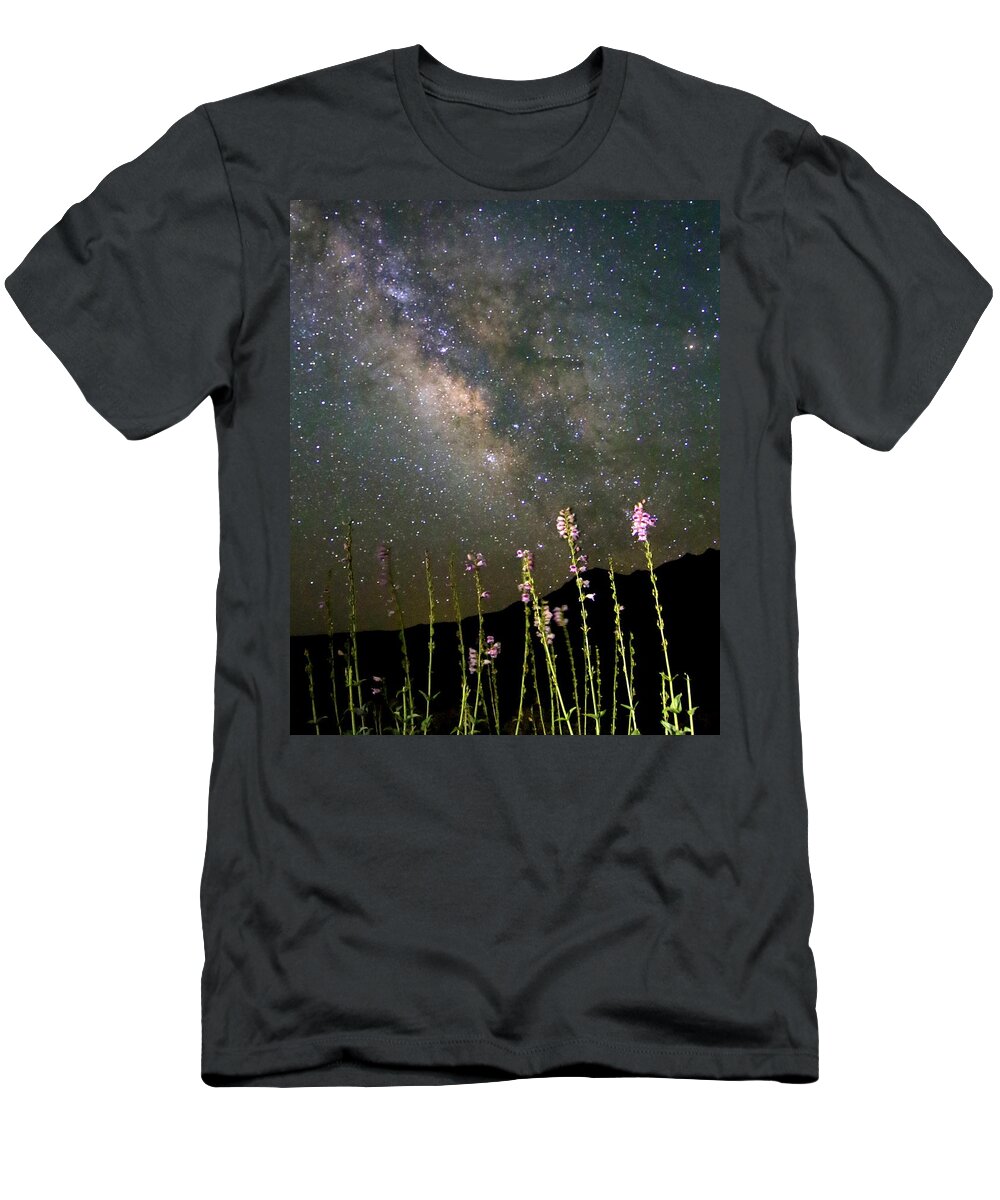 Great Basin T-Shirt featuring the photograph Palmer's Penstemon and Milky Way by Gretchen Baker