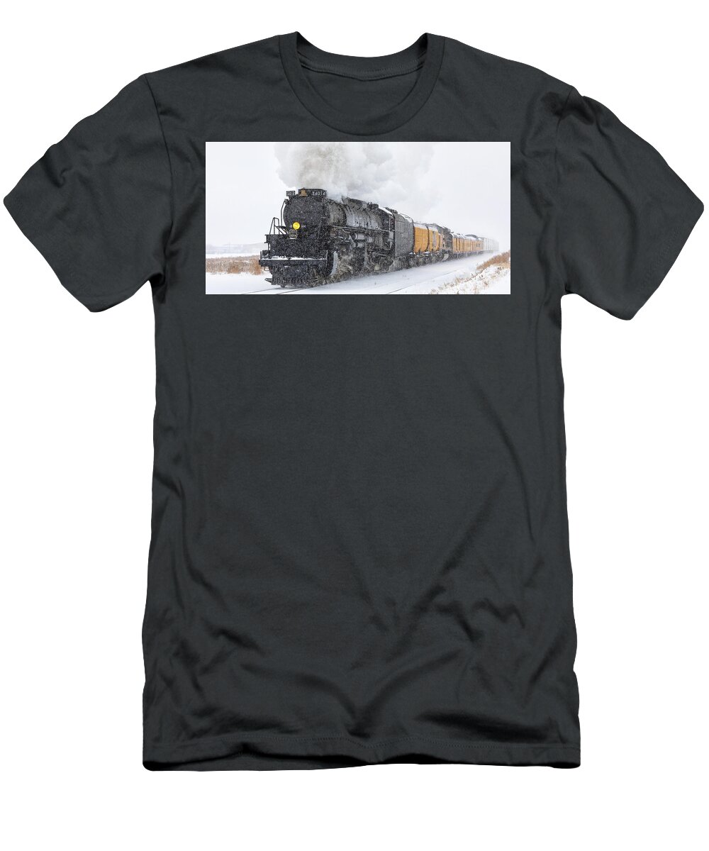 Train T-Shirt featuring the photograph Panorama of a Steam Engine Racing Through a Snowstorm by Tony Hake