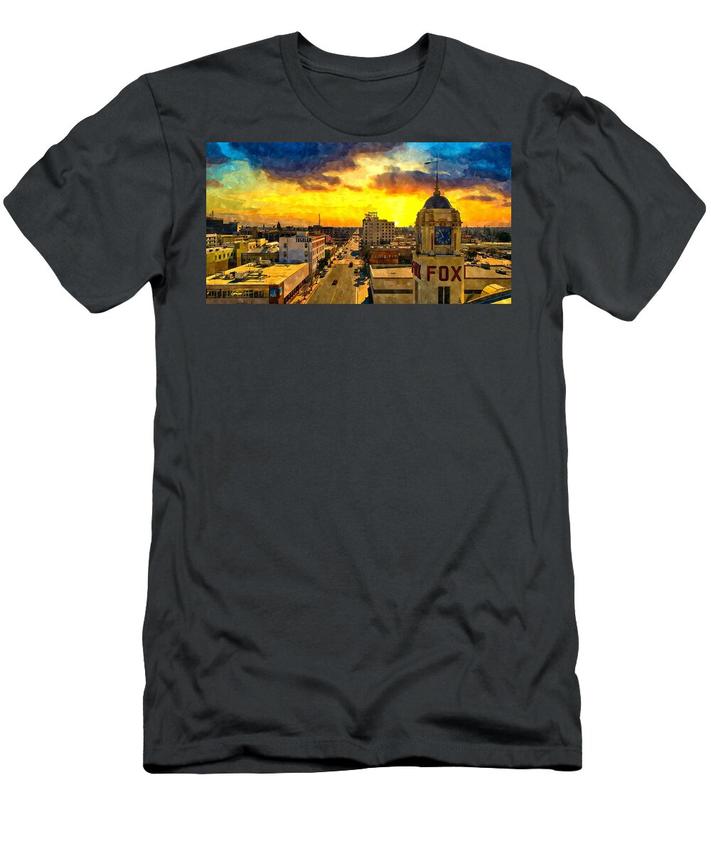Bakersfield T-Shirt featuring the digital art Panorama of downtown Bakersfield, California - watercolor painting by Nicko Prints