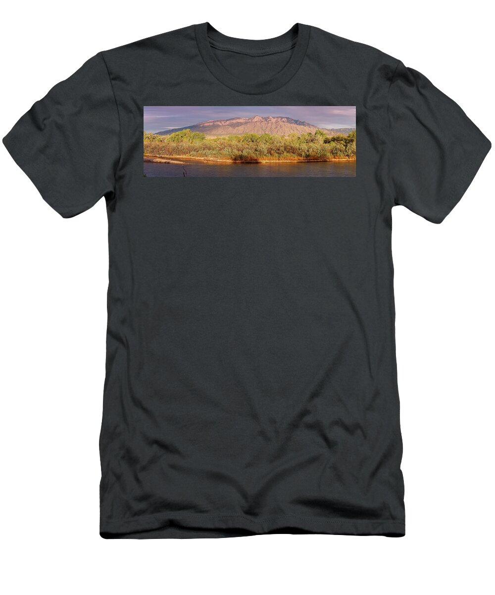 New Mexico T-Shirt featuring the photograph Panorama of Sandia Mountains and Rio Grande Bosque from Rio Rancho Bosque Preserve Albuquerque by Silvio Ligutti