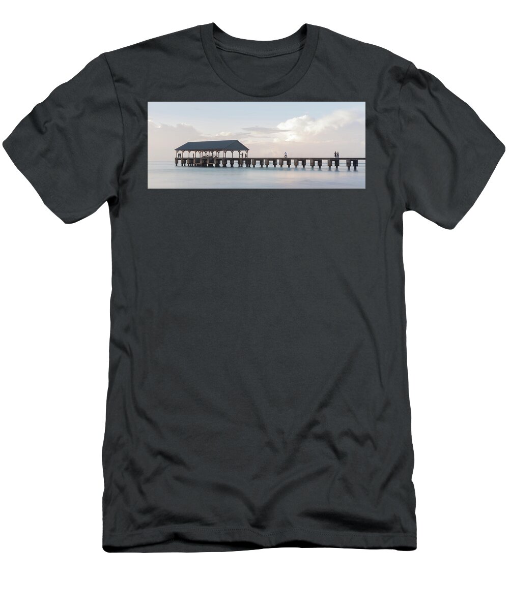 Bay T-Shirt featuring the photograph Panorama of sunrise over Hanalei Pier on Kauai by Steven Heap