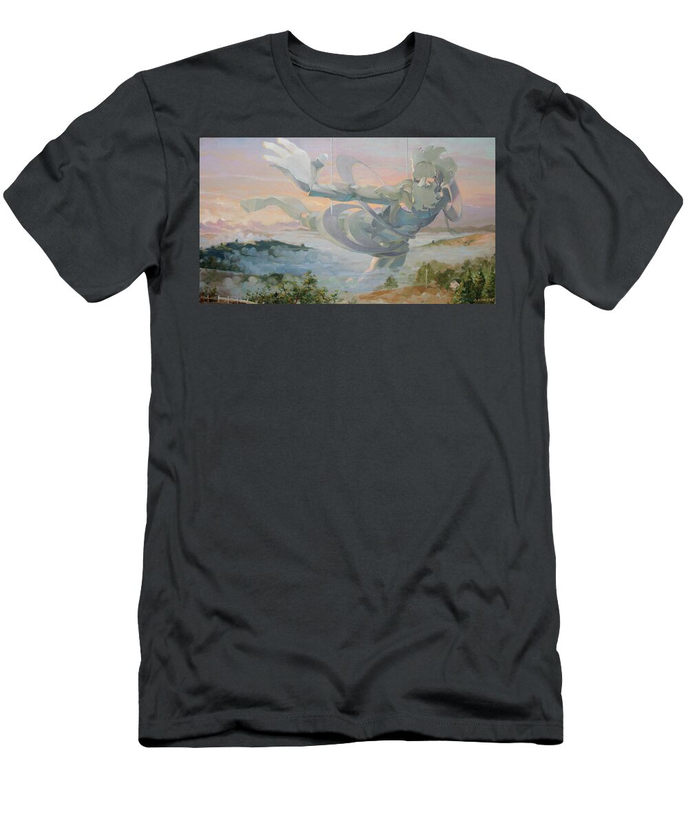 Guy Kinnear T-Shirt featuring the painting Paper Messenger At Dawn by Guy Kinnear