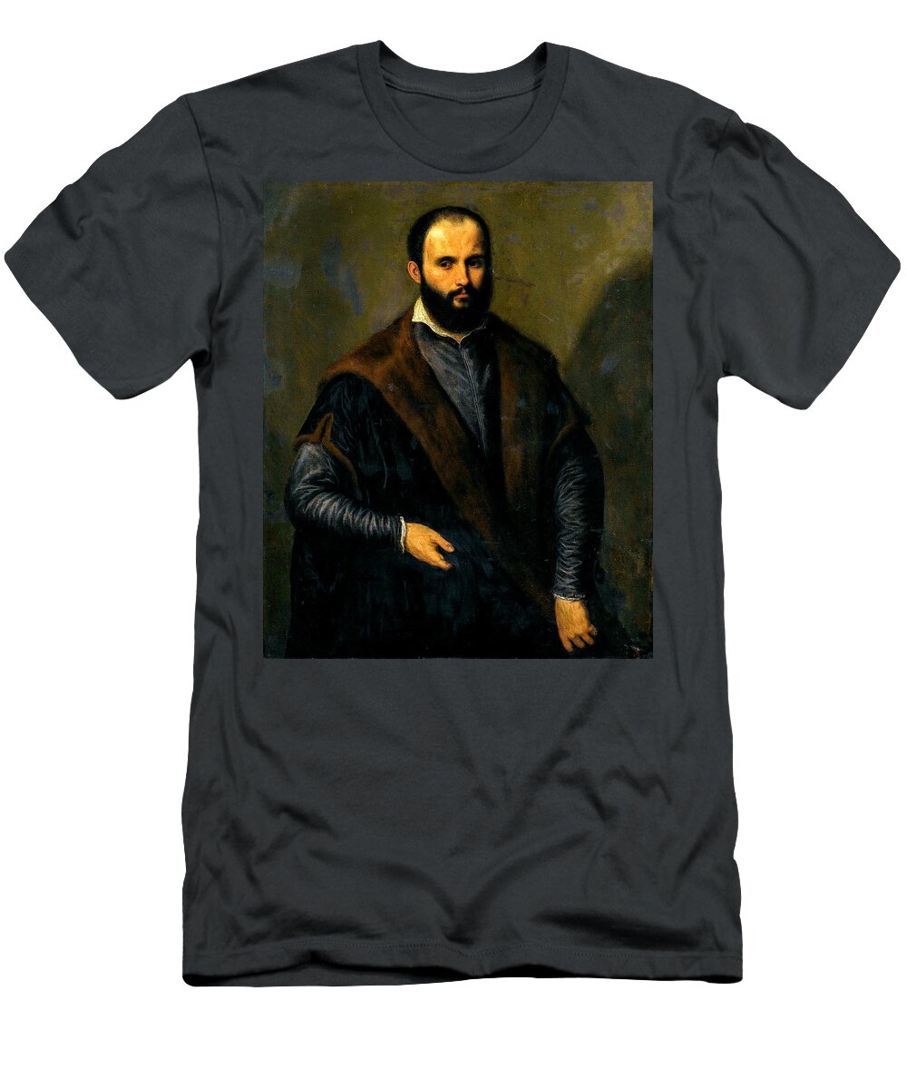 Paris Bordone Portrait Of A Bearded Man Three Quarter Length Wearing A Black Fur Lined Coat Holding A Cap In His Right Hand T-Shirt featuring the painting Paris Bordone portrait of a bearded man three quarter length wearing a black fur lined coat holding by Artistic Rifki