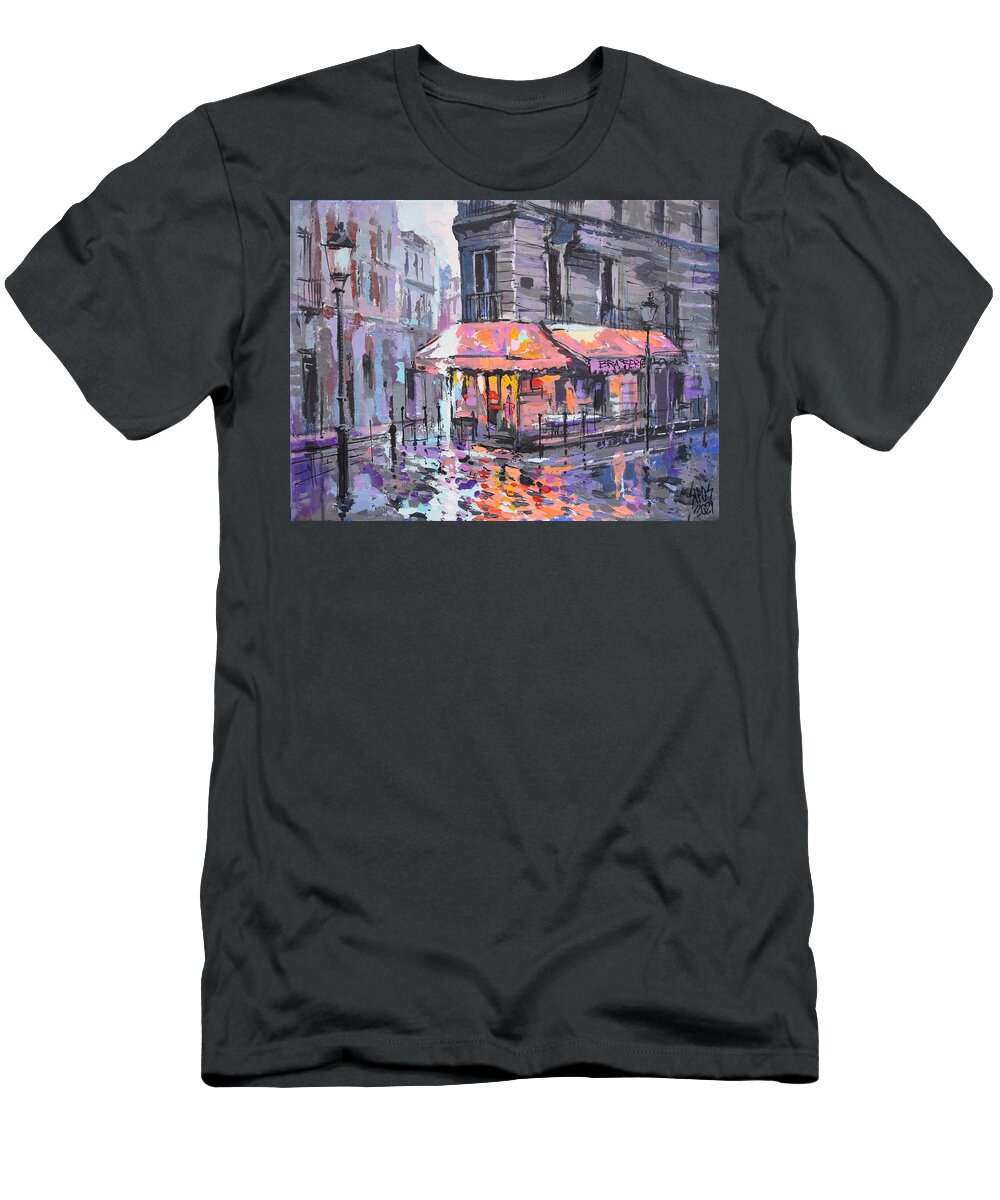 Paris T-Shirt featuring the painting Paris street view after rain by Lorand Sipos