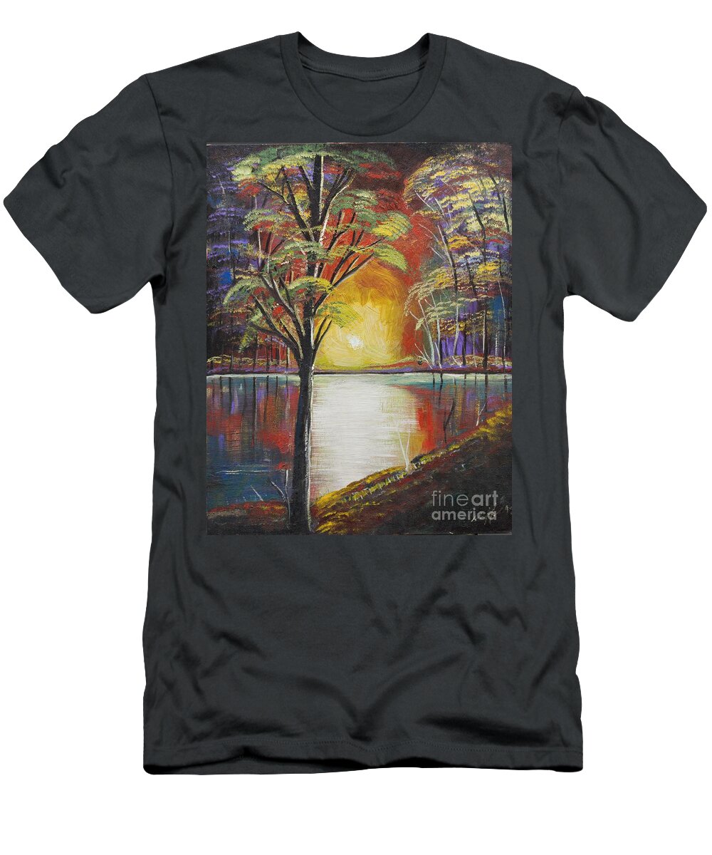 Landscape Painting T-Shirt featuring the painting Peaceful Evening at the Lake by Scott Sladoff
