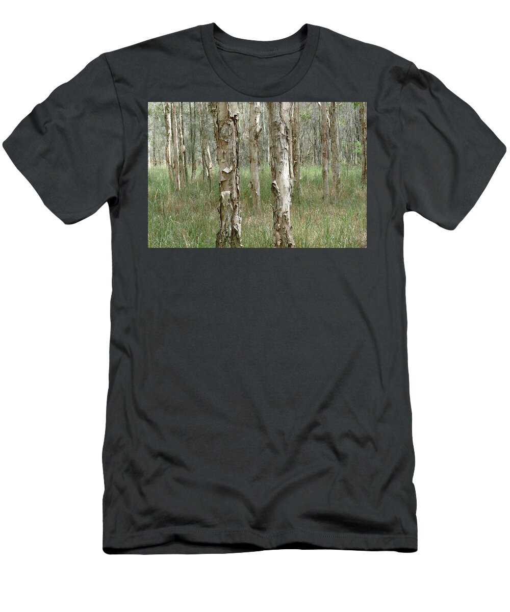 Landscape T-Shirt featuring the photograph Peek through the Paperbark Forest by Maryse Jansen