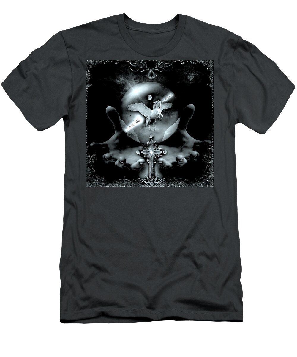 Pegasus T-Shirt featuring the digital art Pegasus BW by Michael Damiani