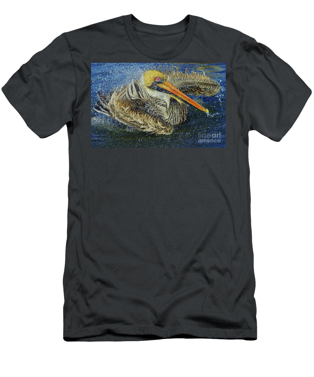 Pelican T-Shirt featuring the photograph Showering Pelican #1 by Larry Nieland