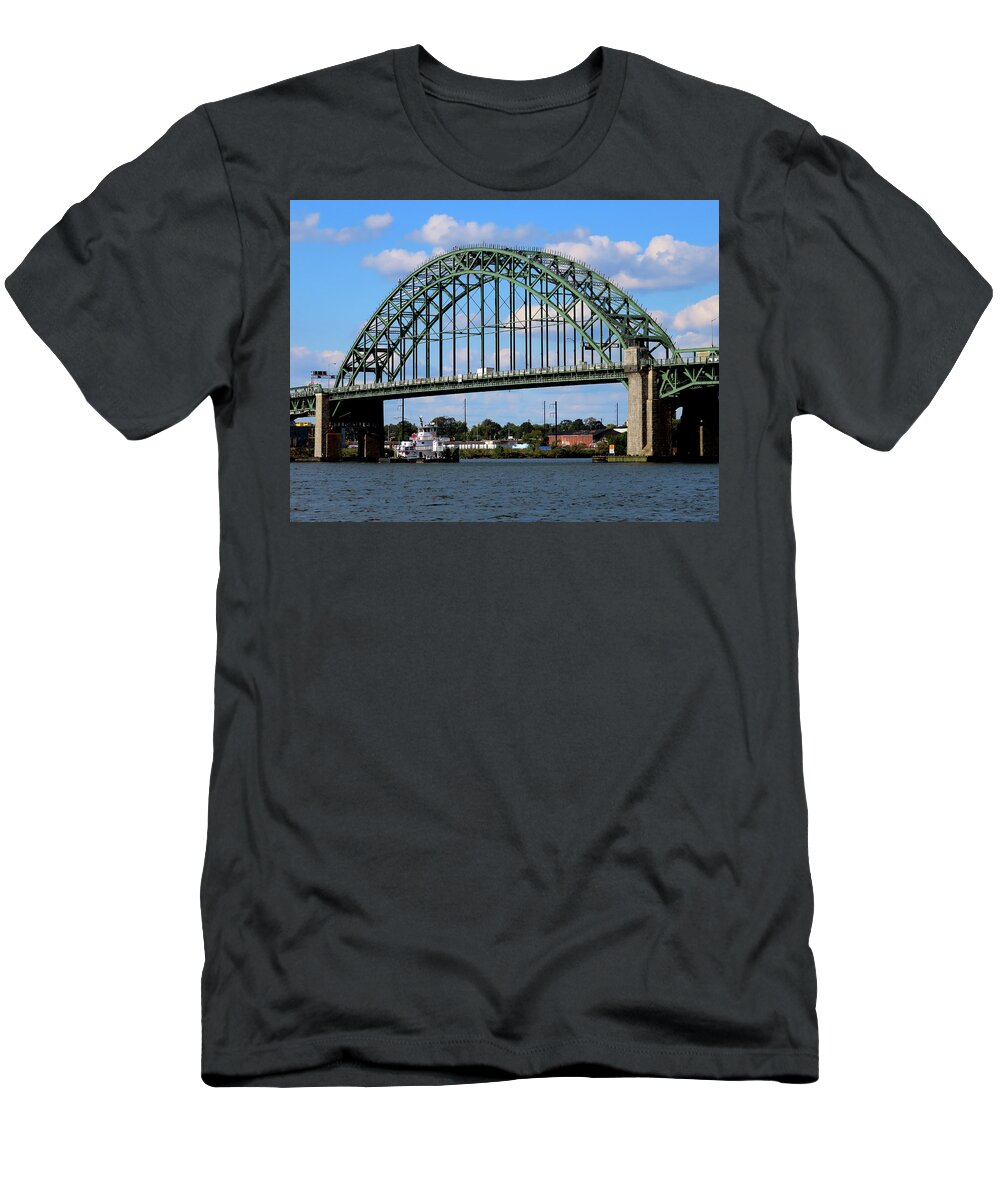 Tugboat T-Shirt featuring the photograph Penrose Tug Floating Below the Tacony-Palmyra Bridge on the Delaware River by Linda Stern