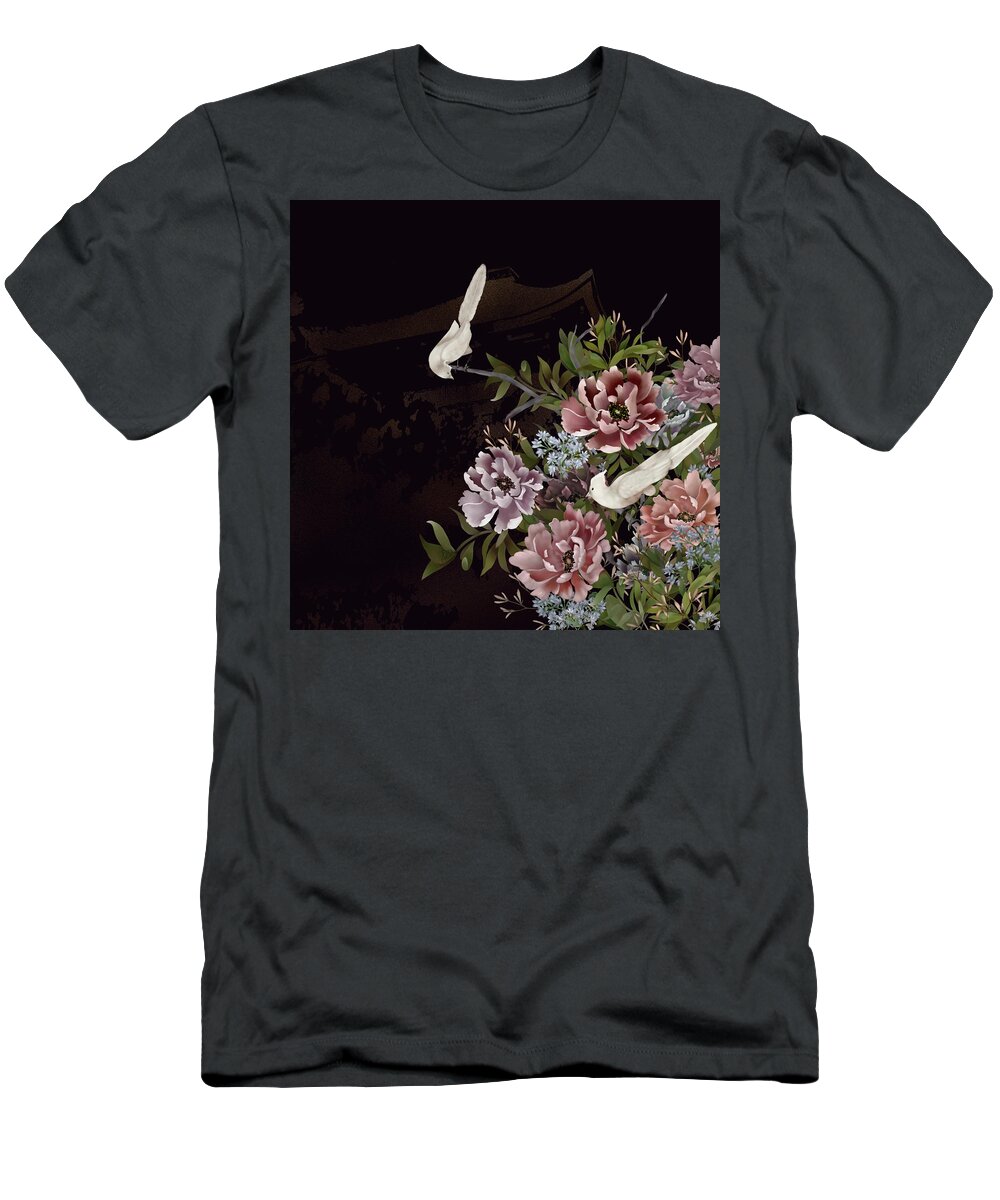 Chinoiserie T-Shirt featuring the digital art Peonies and Birds Glitter Temple Chinoiserie by Sand And Chi