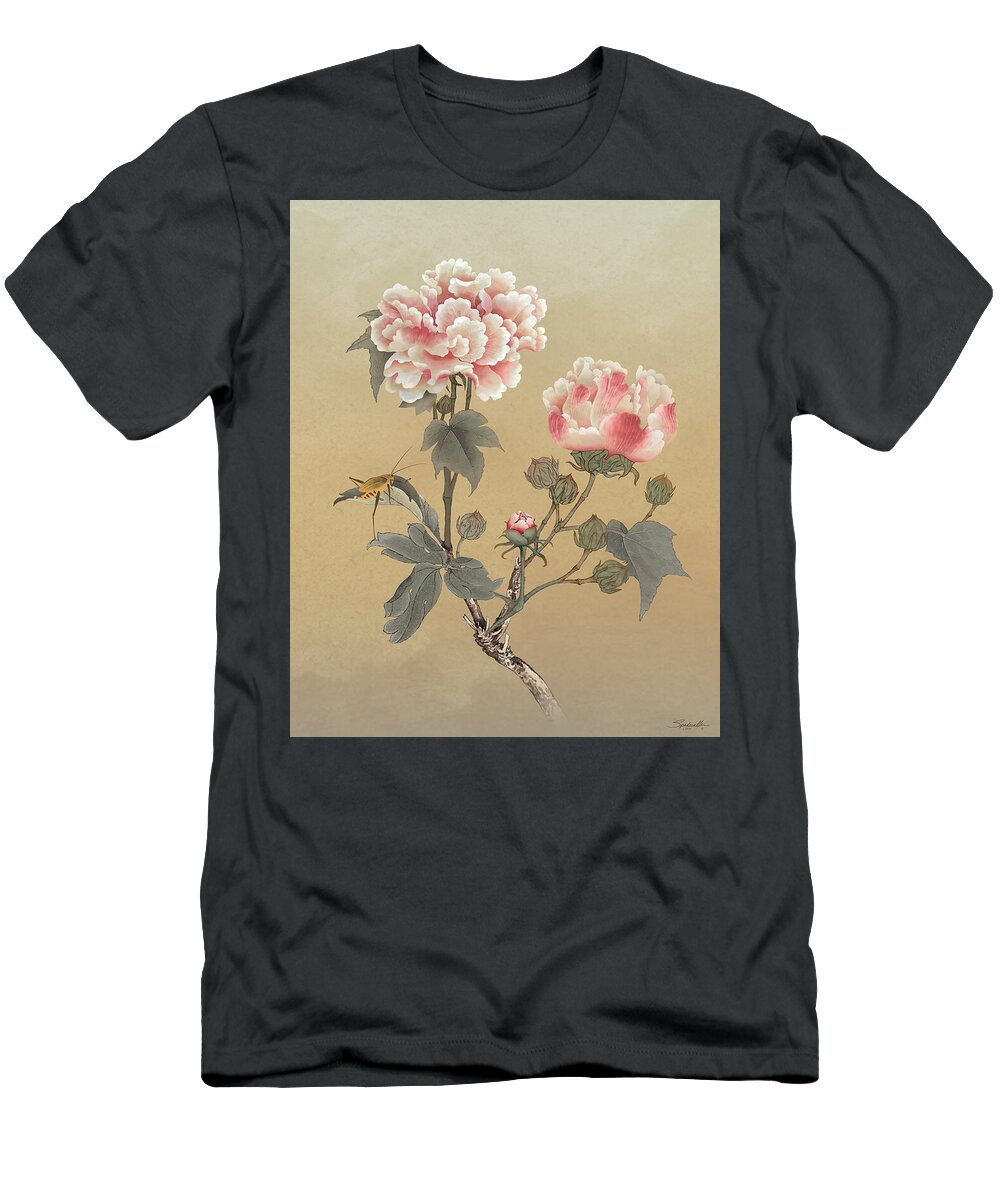 Flowers T-Shirt featuring the digital art Peony and Grasshopper by M Spadecaller