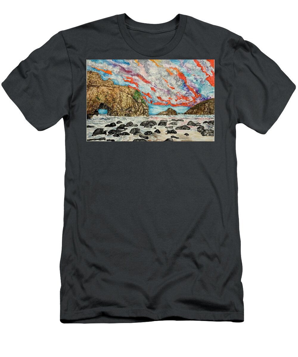 Rock Arch T-Shirt featuring the painting Pfeiffer Beach by Ava Park 8th grade by California Coastal Commission