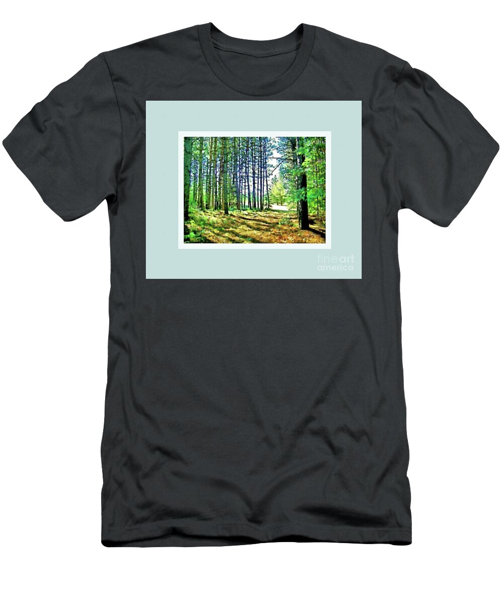 Woods T-Shirt featuring the photograph Pine Tree Path by Shirley Moravec