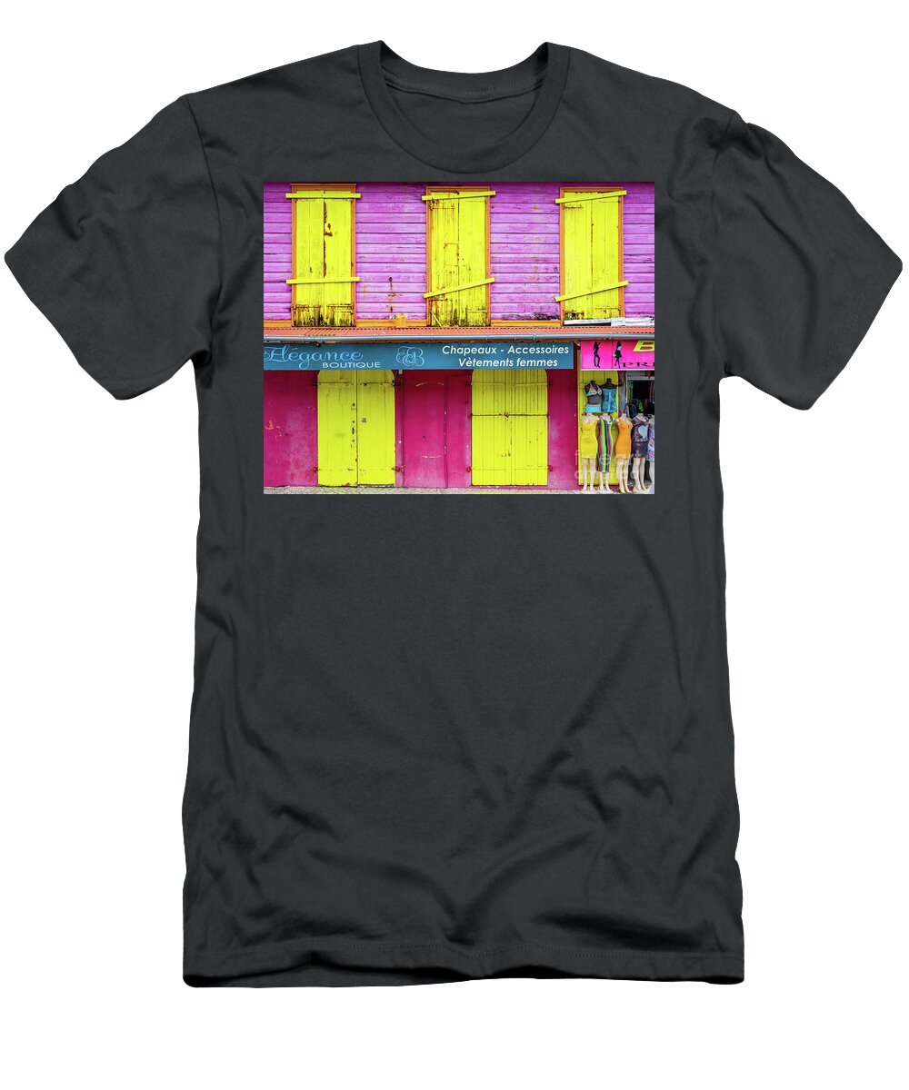 Caribbean T-Shirt featuring the photograph Pink and yellow house in Le Moule by Lyl Dil Creations