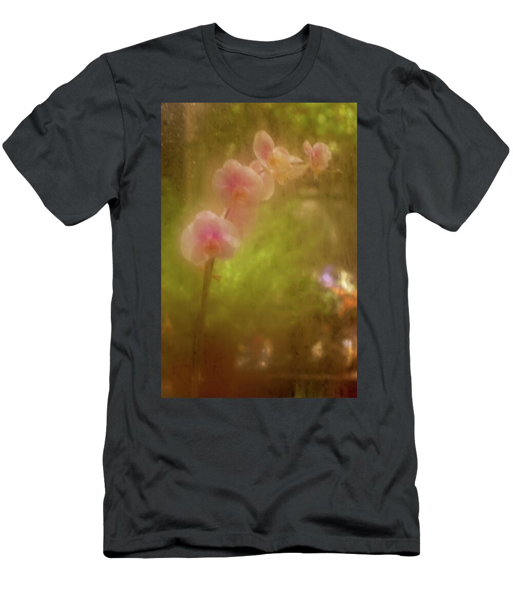 Orchid T-Shirt featuring the photograph Pink Orchids seen through a foggy window by David Smith