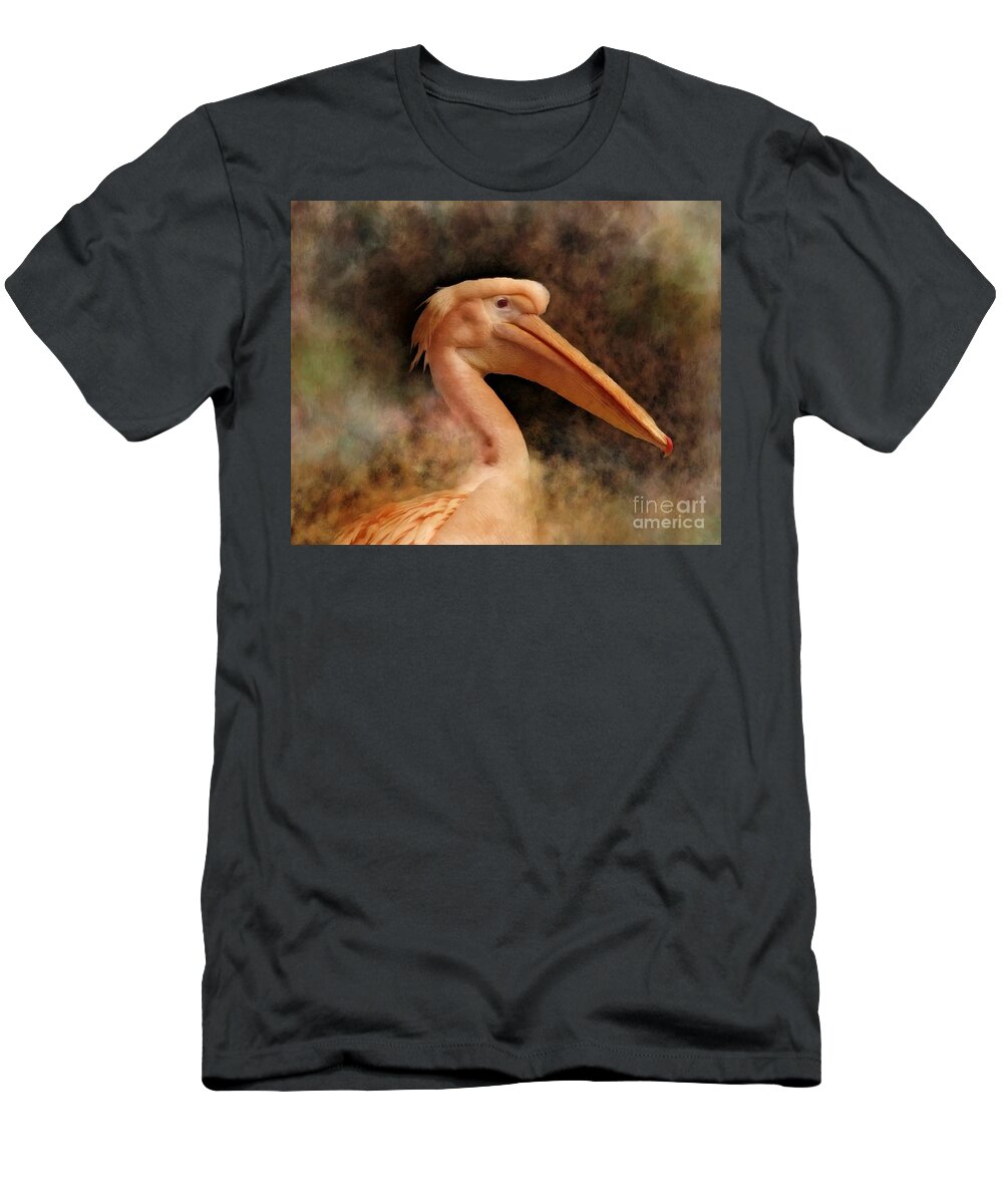 Pelican T-Shirt featuring the mixed media Pink Pelican Bird 81 by Lucie Dumas
