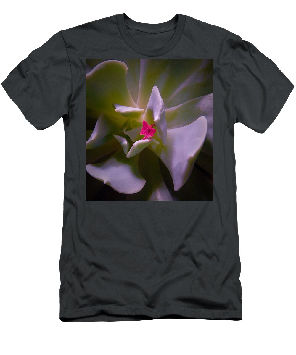 - Pink Petal On A Succulent T-Shirt featuring the photograph - Pink Petal on a Succulent by THERESA Nye