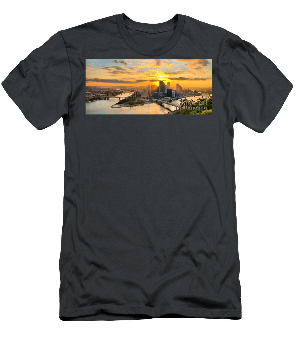 Pittsburgh T-Shirt featuring the photograph Pittsburgh Mt Washington Sunrise August 2022 Panorama by Adam Jewell