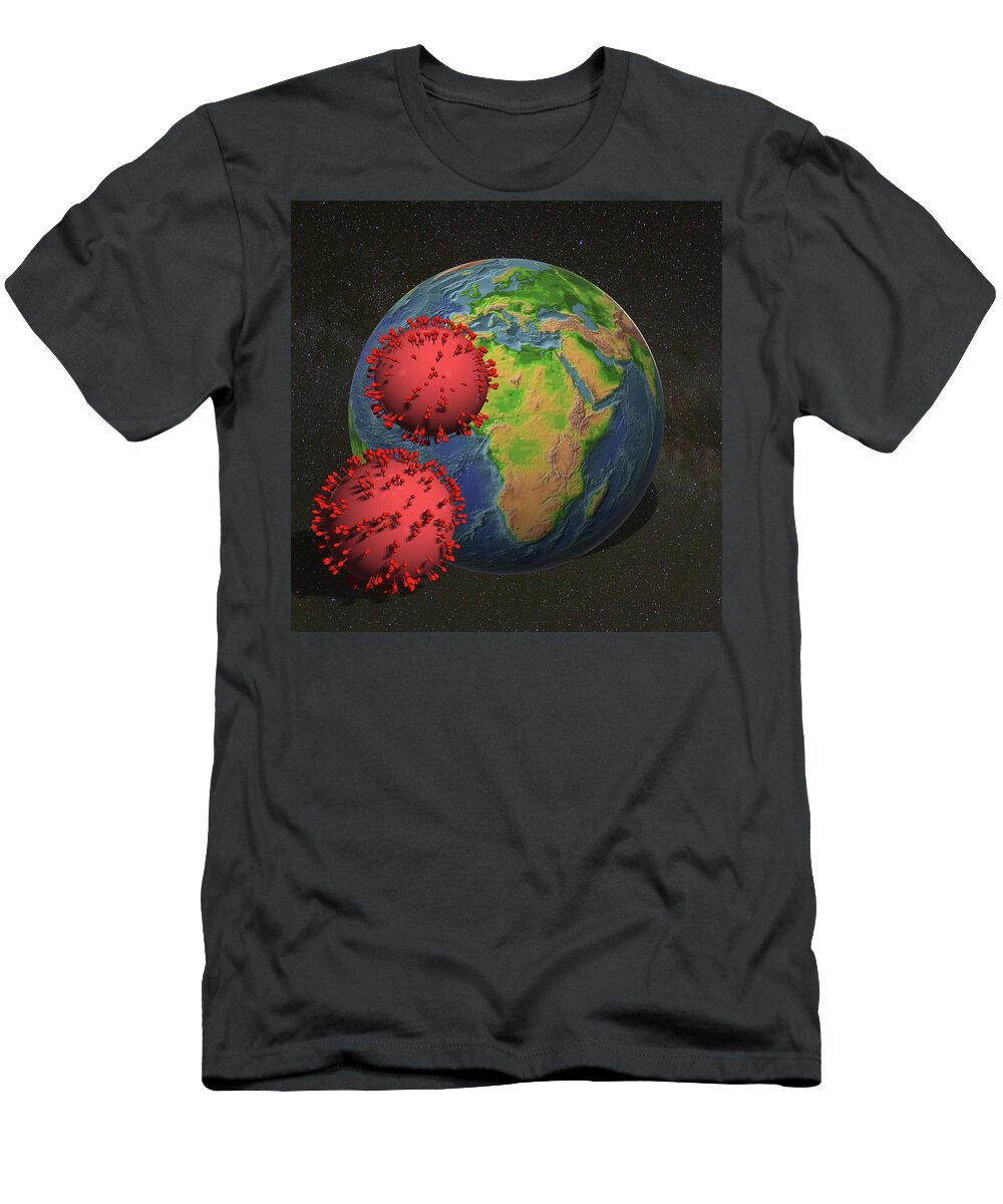 3 D T-Shirt featuring the drawing Planet Earth with Coronavirus by Karen Foley